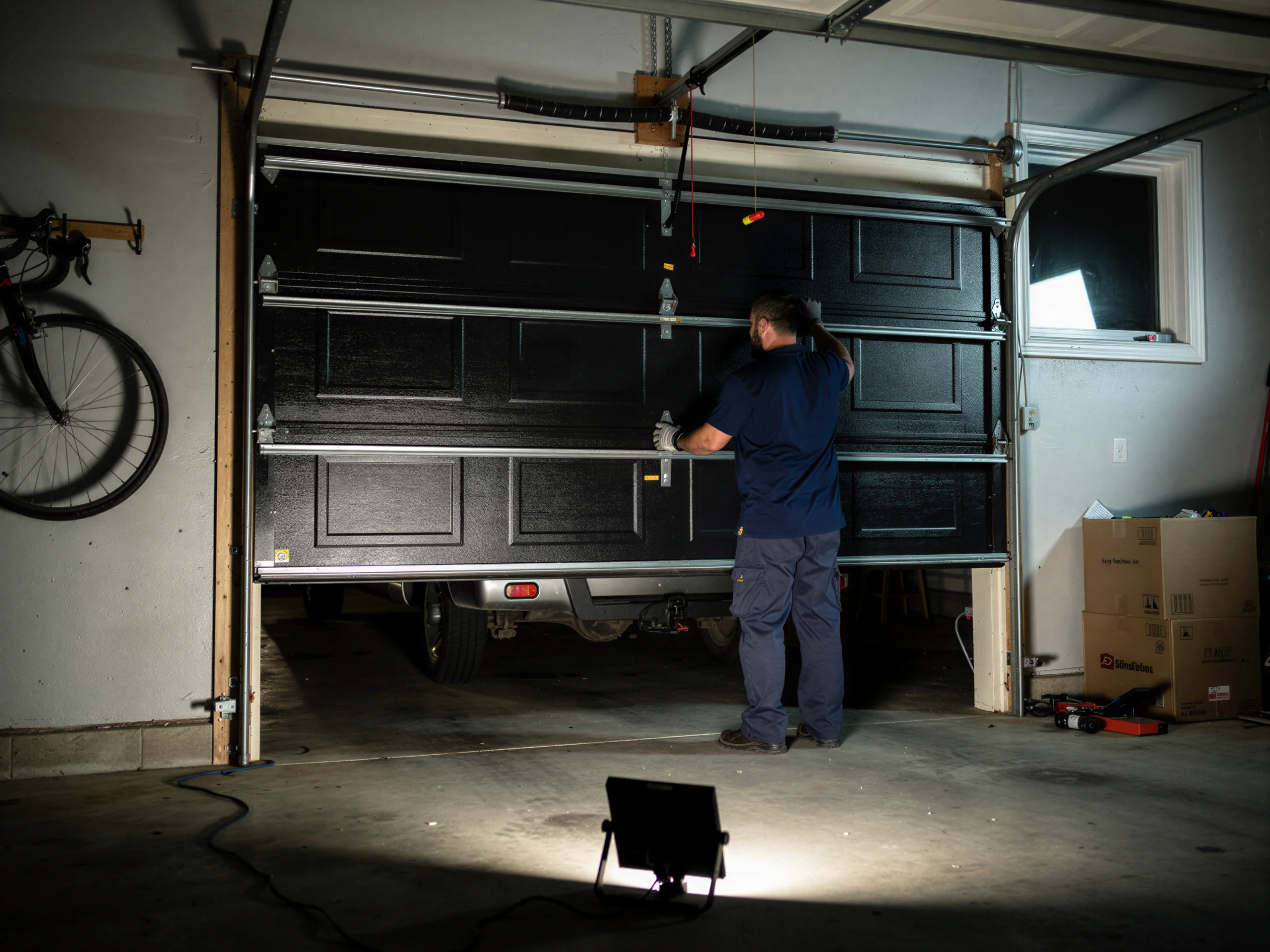 A technician in a blue shirt is working on a black garage door.
