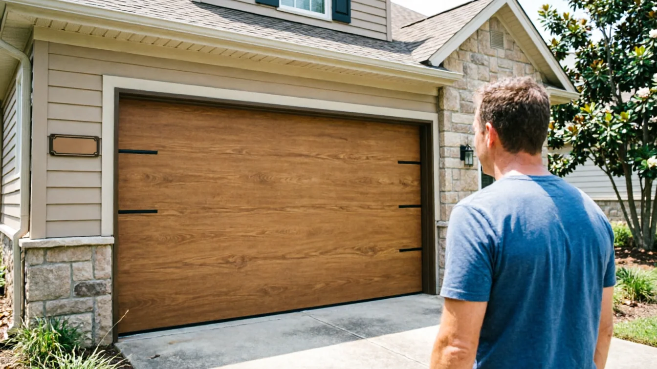 A man in a blue shirt stands facing a brown wood-look garage door.