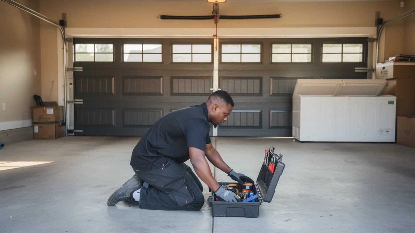 A technician kneels on the garage floor, reaching into an open toolbox.