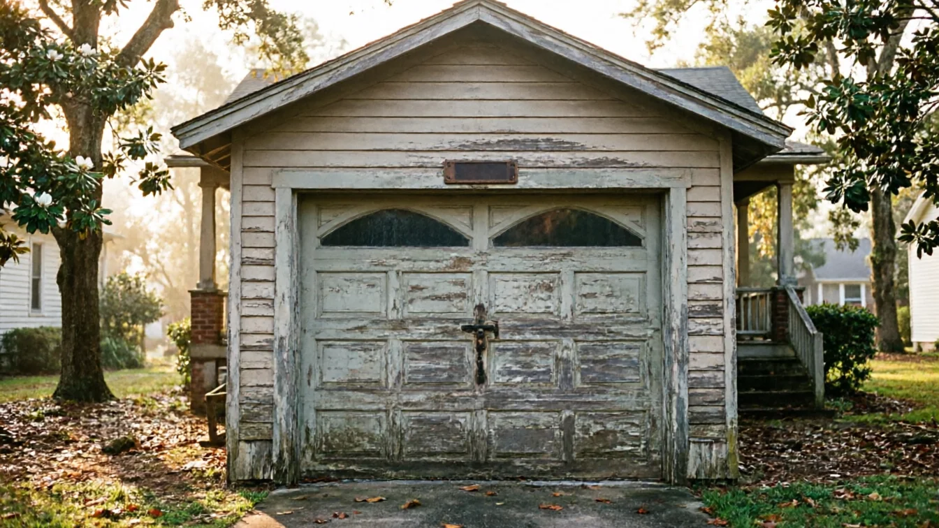 A weathered garage with a peeling light green garage door and a rusty handle.