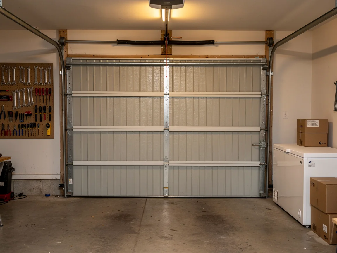 A closed garage door with a torsion spring and opener is visible inside a garage.