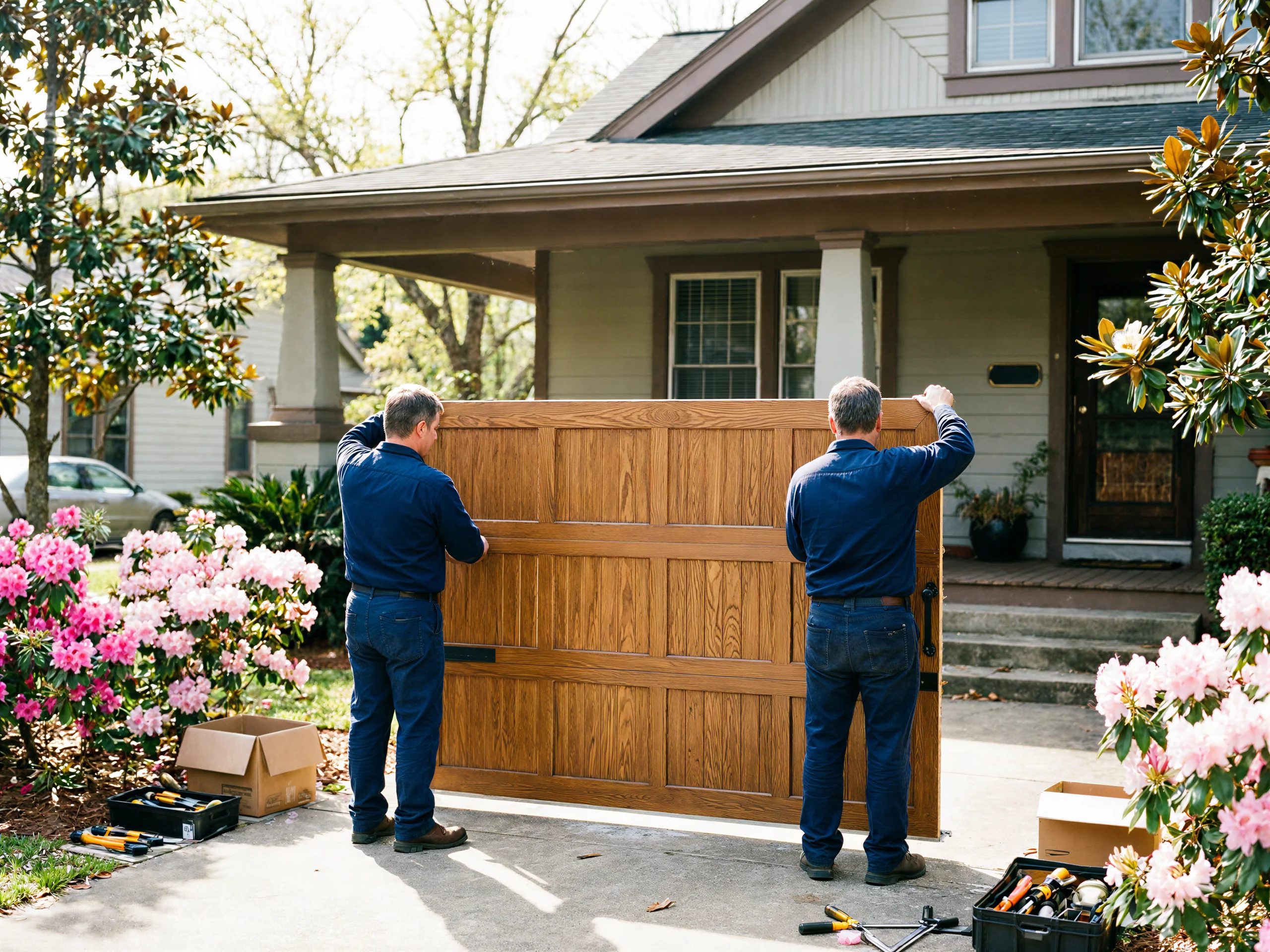 Two technicians install a new wooden garage door in front of a house.