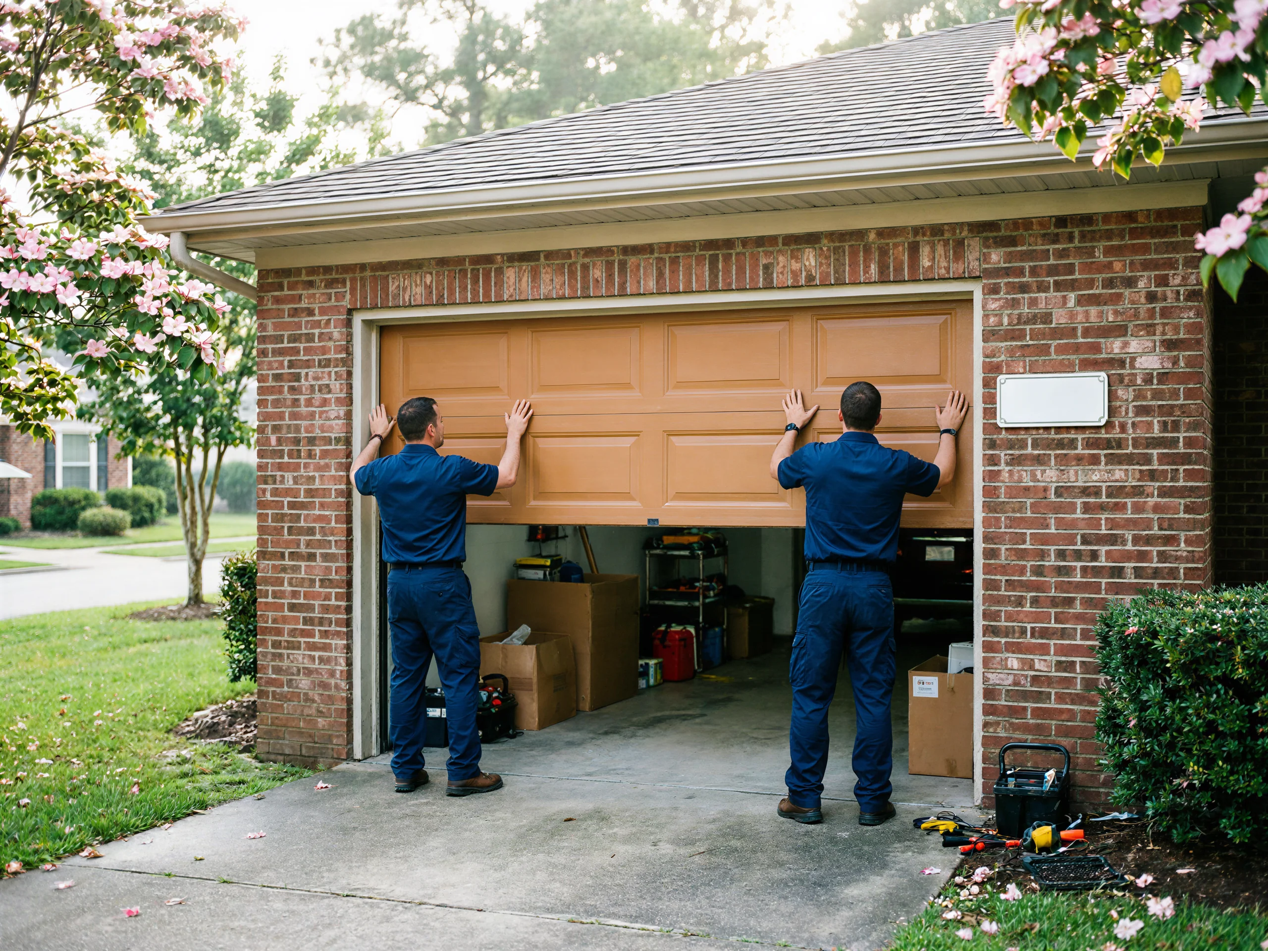 Two technicians are installing a light brown garage door on a brick house.
