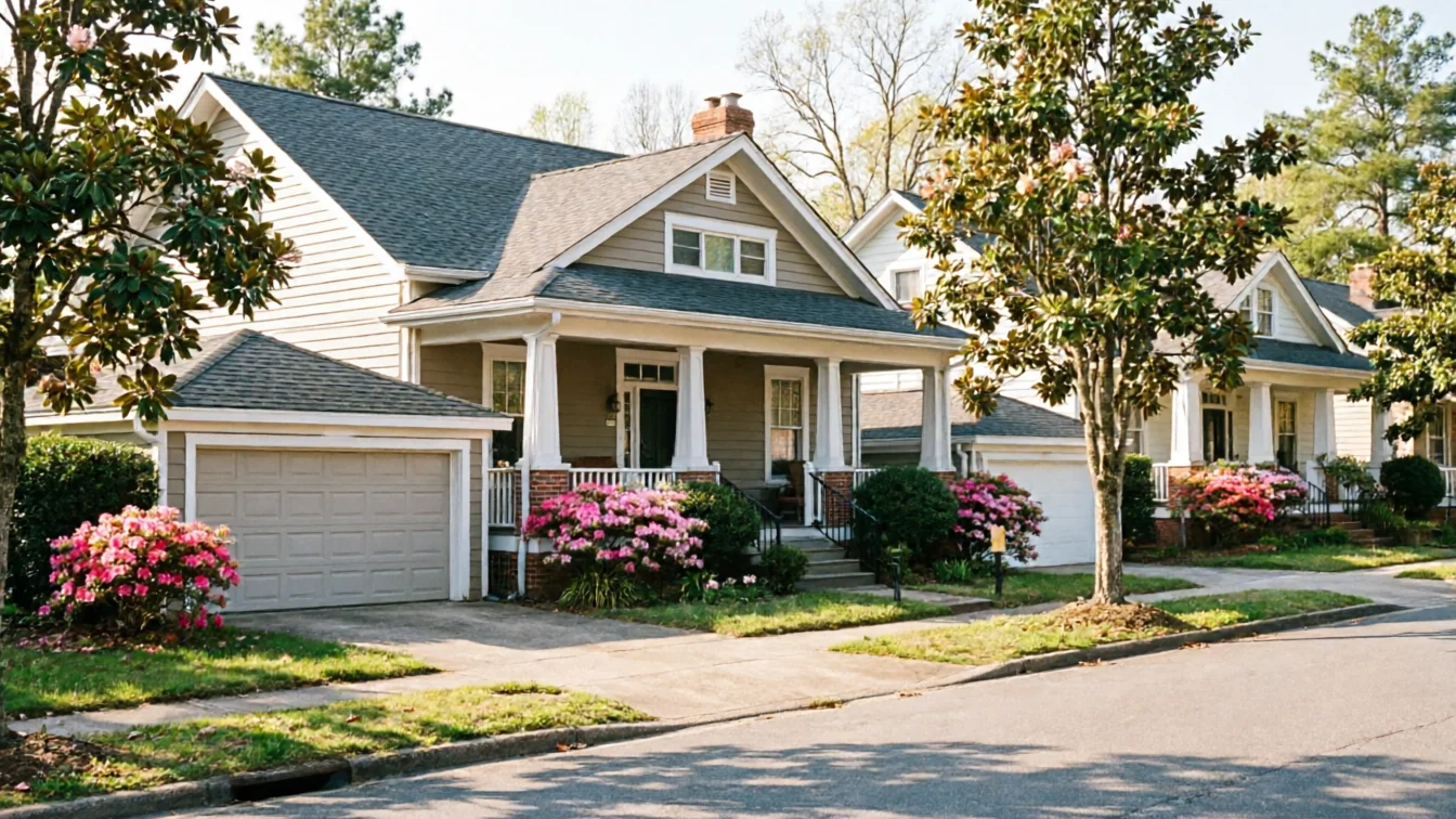 A row of houses with garages and blooming pink bushes lines a street.