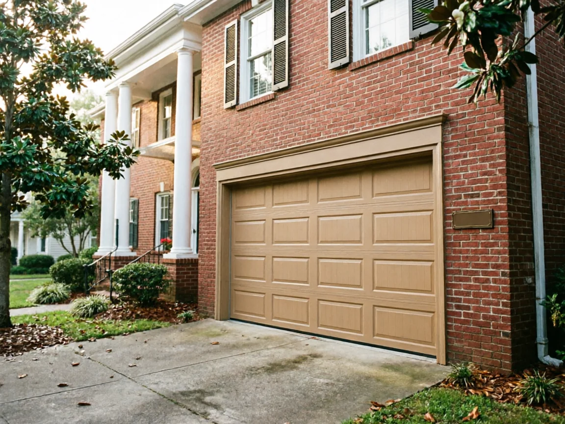 A tan paneled garage door is on a red brick house with white columns.
