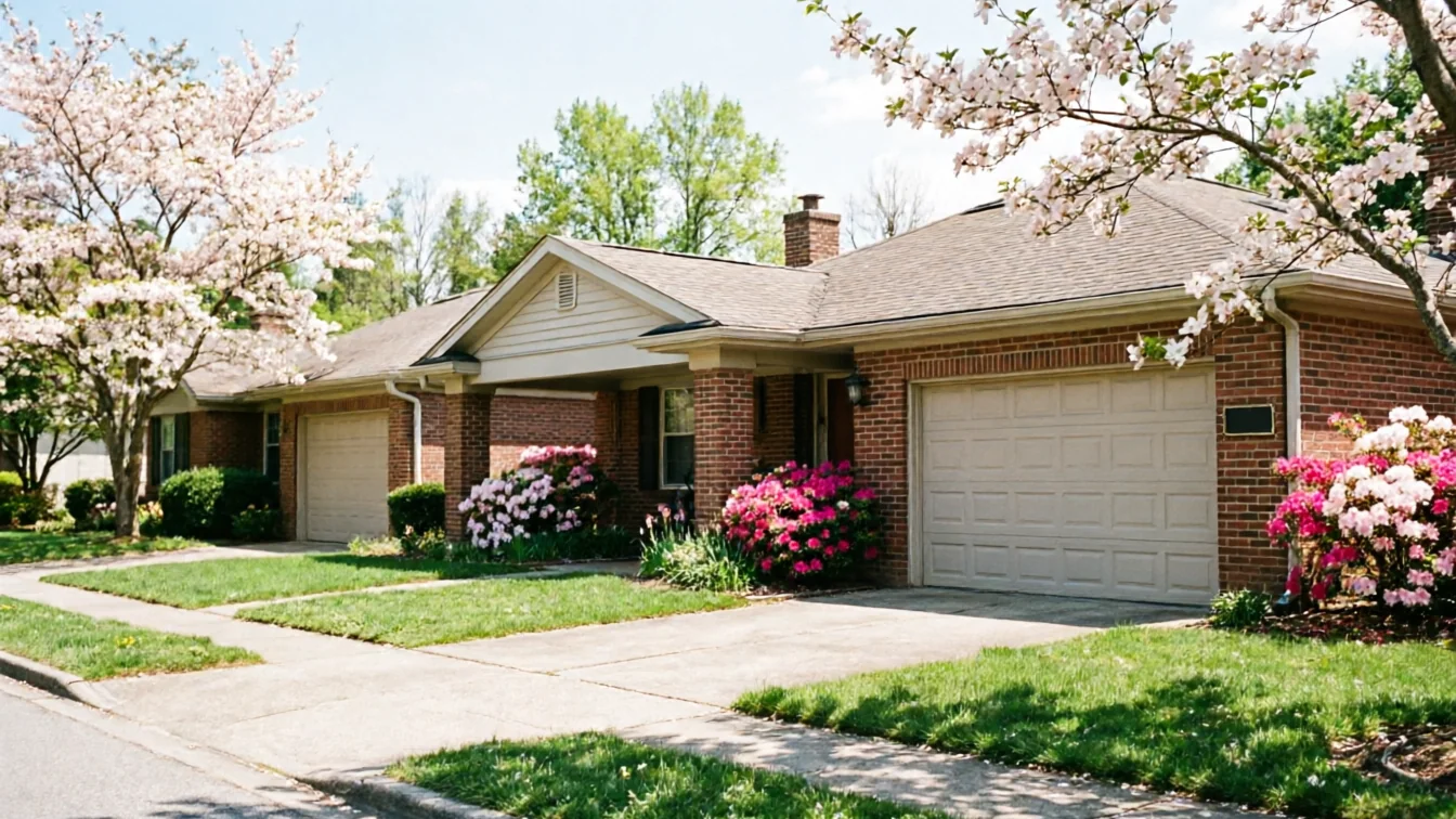 Two brick houses with tan garage doors and blooming bushes sit on a sunny street.