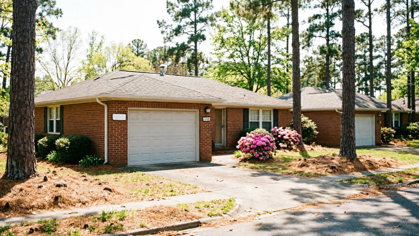 A brick house with a white garage door and pink azaleas in front.
