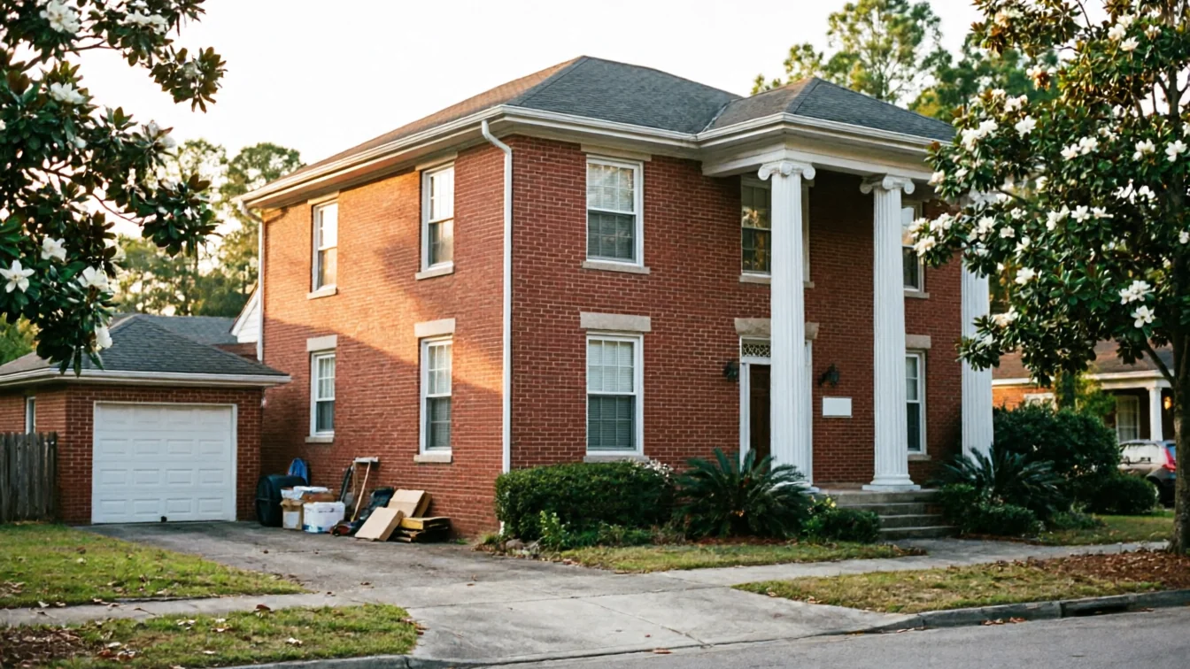 A two-story brick house with a white garage door and white columns.