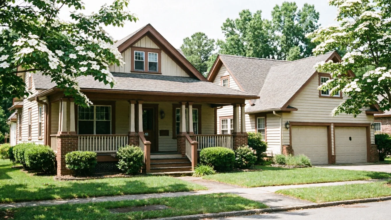 A two-story house with a porch and an attached two-car garage.